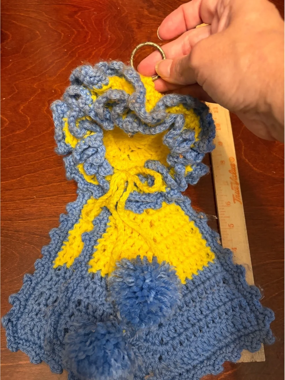 Handcrafted Blue and Yellow Crochet Kitchen Towel with Pom-Pom
